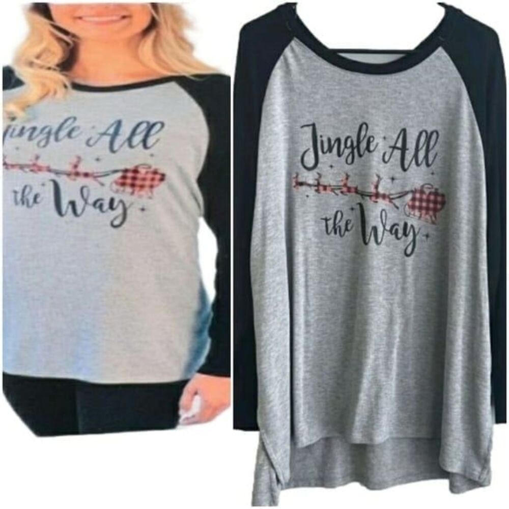 State of Mine Jingle All The Way Long Sleeve T-Shirt Holiday Gray Black Large L